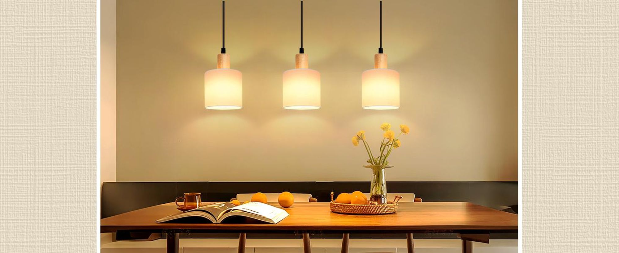 ZMH Pendelleuchte Holz Weiß Esstischlampe 3 Flammig Vintage Hängeleuchte E14 Hängelampe mit Stoffschirm für Wohnzimmer Restaurant Schlafzimmer Küche