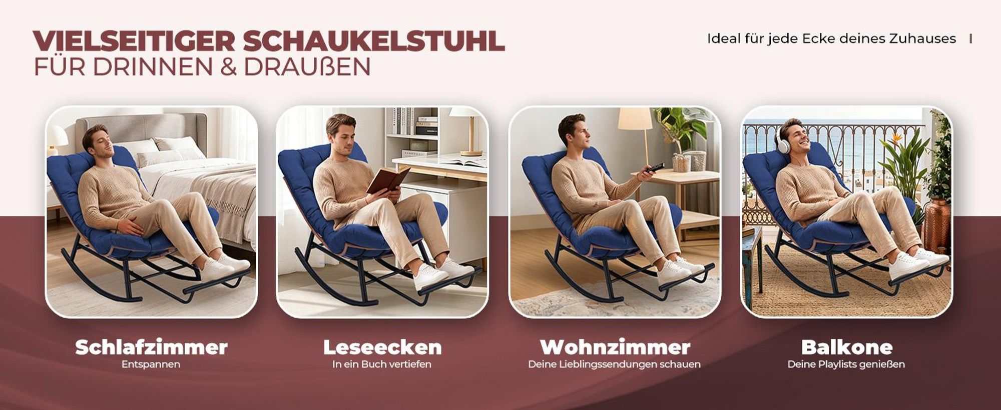 COMHOMA Übergroßer Schaukelstuhl, breite Schaukelliege mit extra dickem Sitzkissen, bequemer Loungesitz für den Innen- und Außenbereich, BLAU
