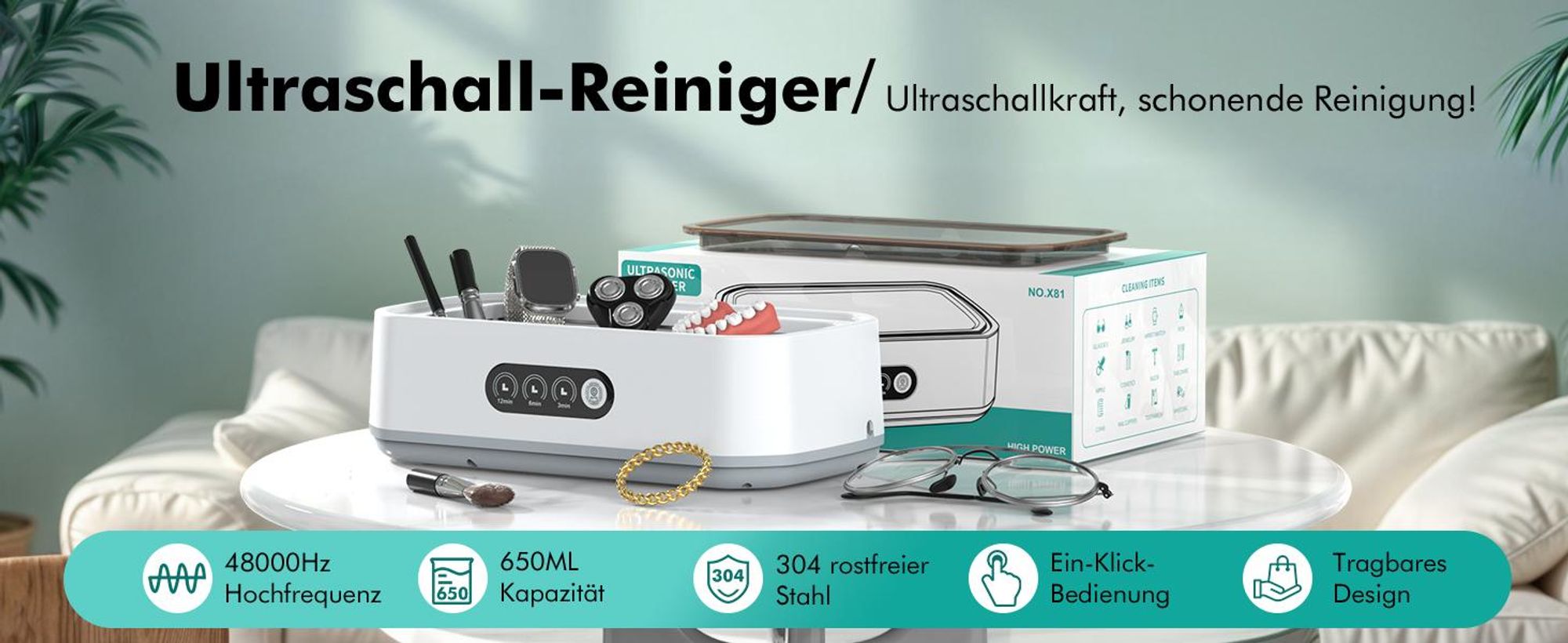 Ultraschallreiniger, Ultraschallreinigungsgerät, 650ml 48.000Hz Ultraschallgerät, 360° Tiefenreinigung, für Gläsern, Schmuck, Zahnersatz