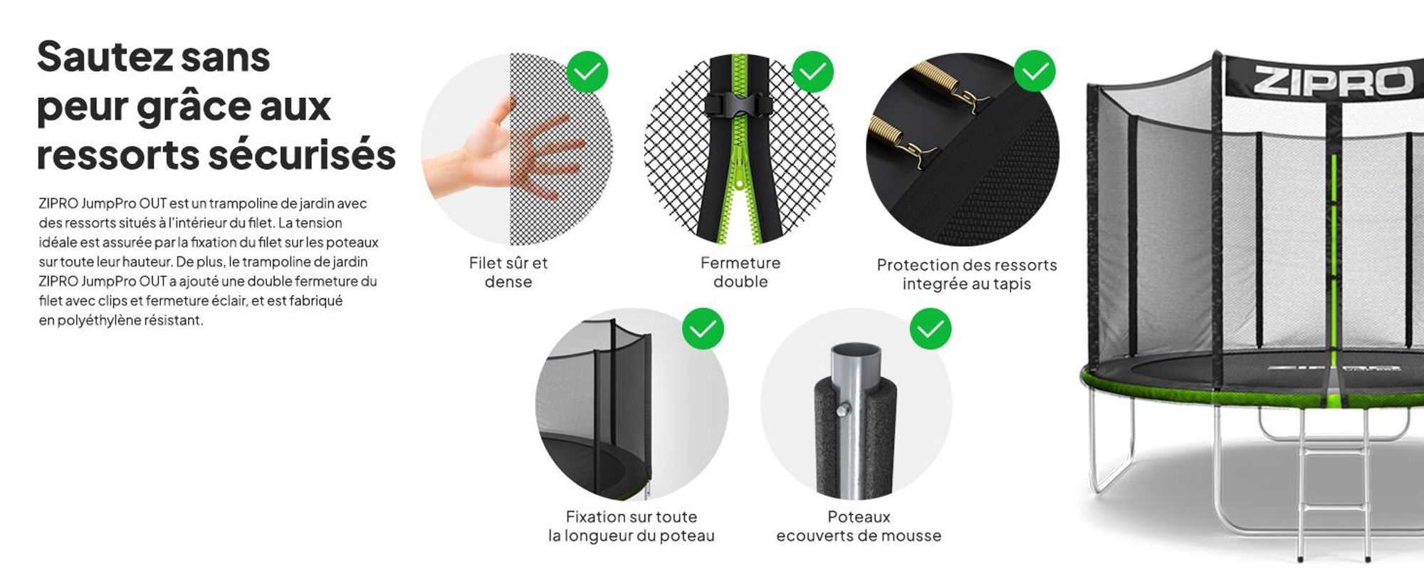 Trampoline ZIPRO Jump Pro Out | 10FT Ø 312 cm | Trampoline de jardin Trampoline pour enfants Kit complet avec filet extérieur, échelle et housse de protection, pour l'extérieur, vert