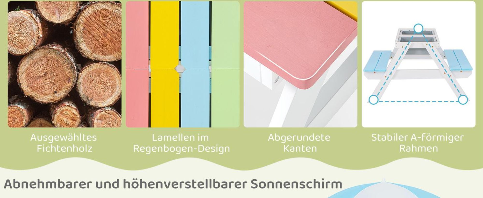 COSTWAY 3 in 1 Kinder Picknicktisch, Gartentisch mit Sonnenschirm & Bänke, Kindersitzgruppe aus Holz mit Tischplatte & 2 Spielboxen, Weiß+Blau