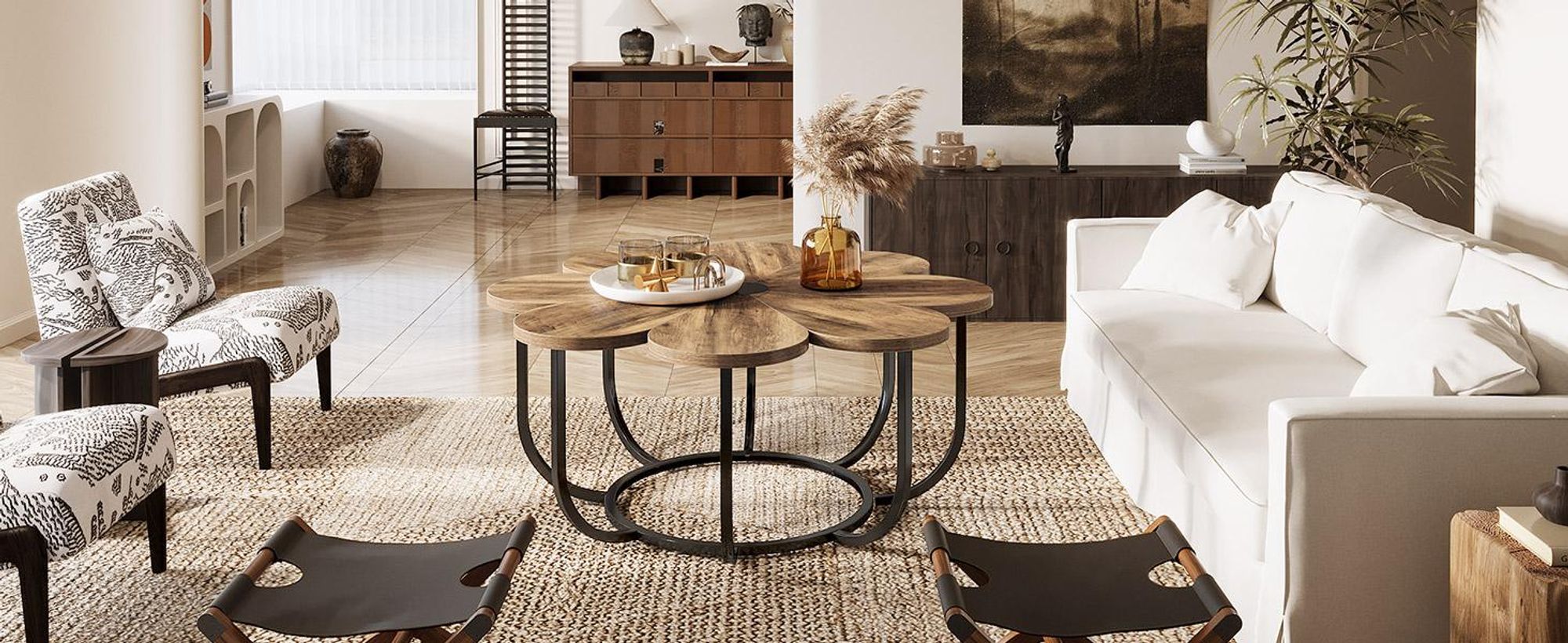 Tavolino Tribesigns, alto 100 cm, moderno centrotavola d'accento con piano in legno a forma di fiore e struttura in metallo per il soggiorno