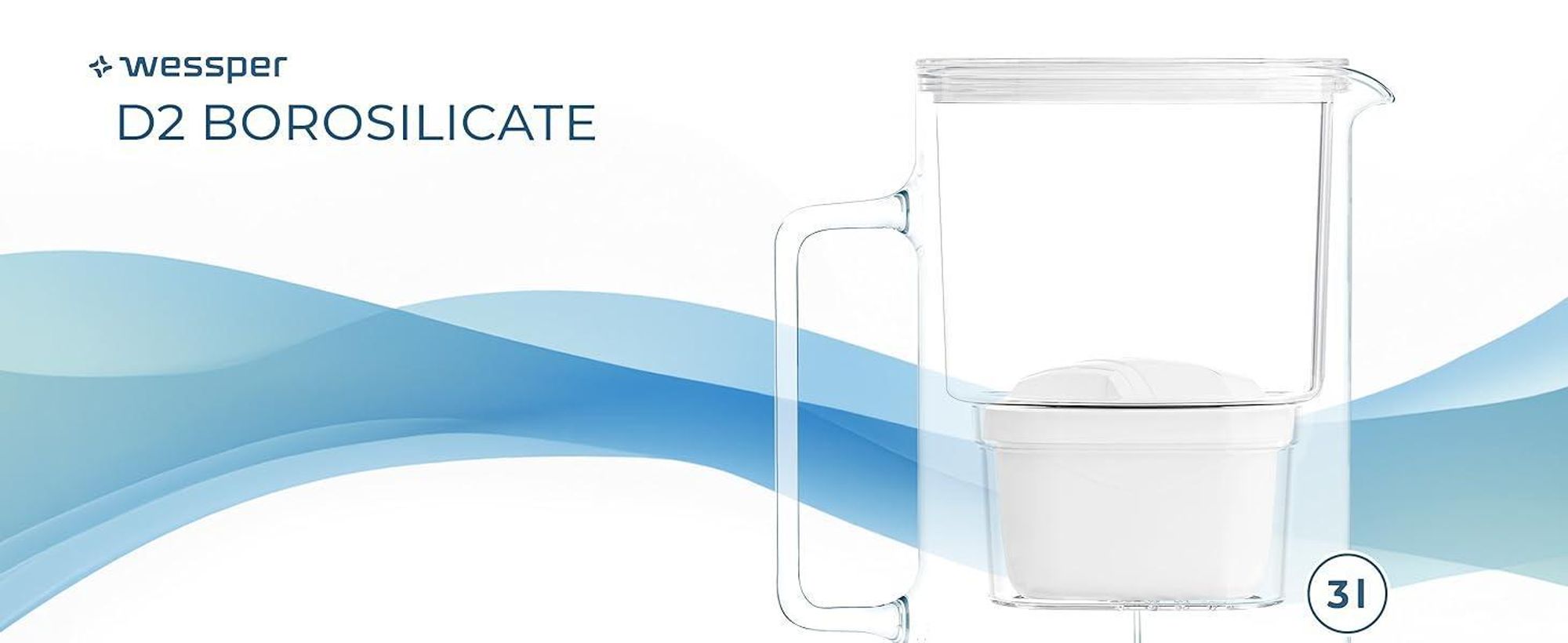 Wessper D2 BOROSILICATE Wasserfilterkanne 3 L Minze – Glasfilterkanne mit AquaMax Filter, BPA-frei