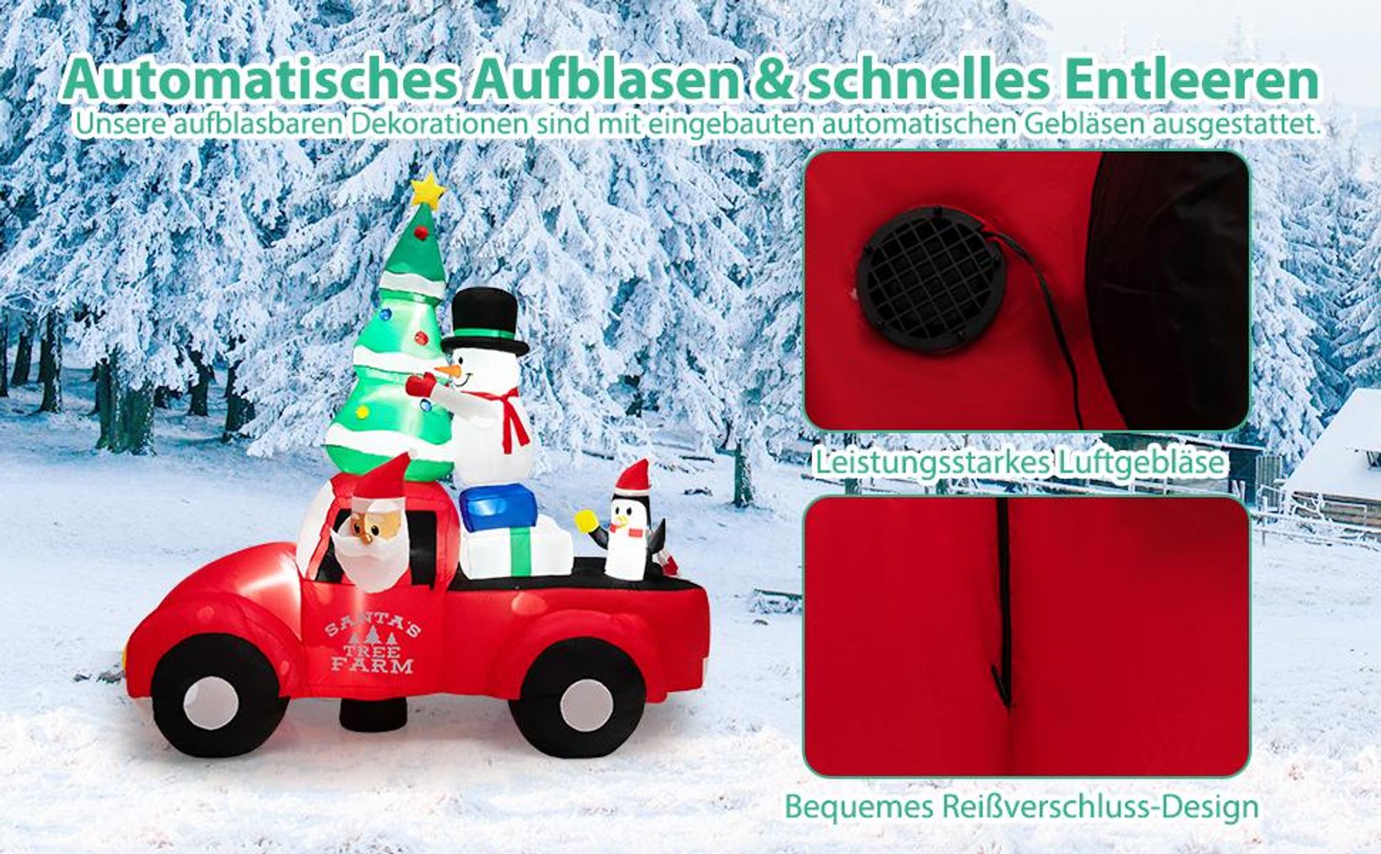 COSTWAY Aufblasbarer Weihnachtsmann fährt Auto, LED Weihnachtsdekoration mit Schneemann, Weihnachtsbaum, Geschenk & Pinguin, Selbstaufblasend