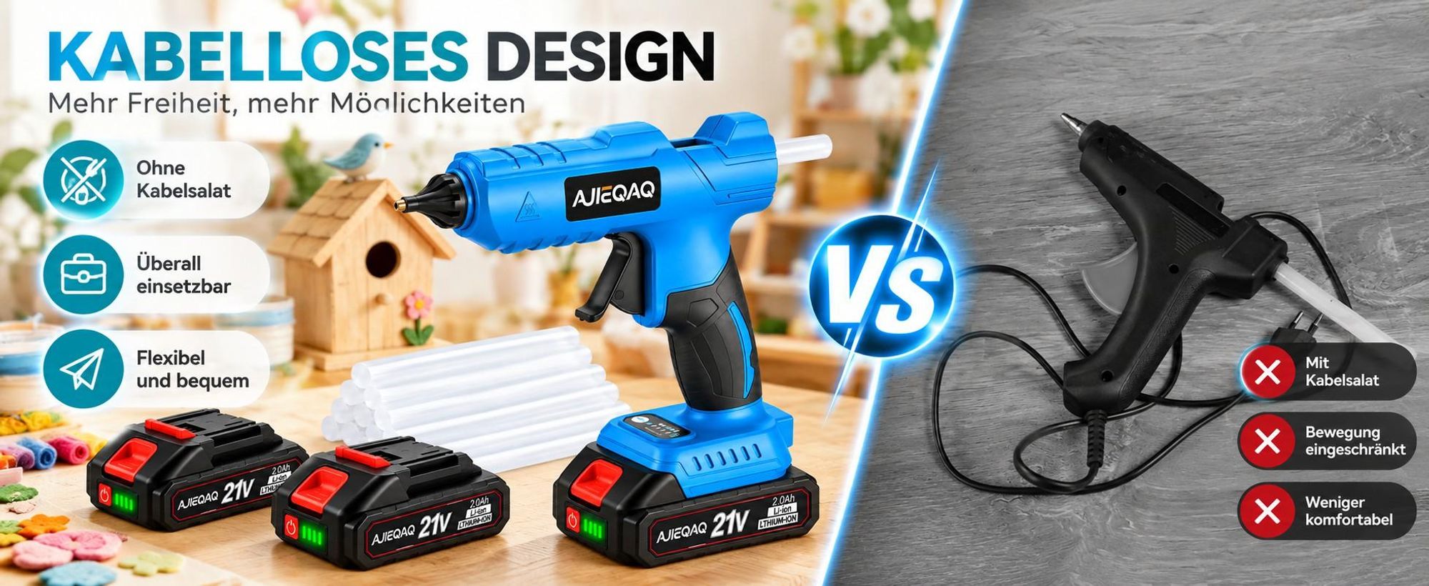 Akku-Heißklebepistole 21V, Kabellose Heißklebepistole mit 2×2,0Ah Akkus, 180°C Max., 10×11mm Klebesticks, Schnellaufheizung, für Basteln, DIY, Holz &