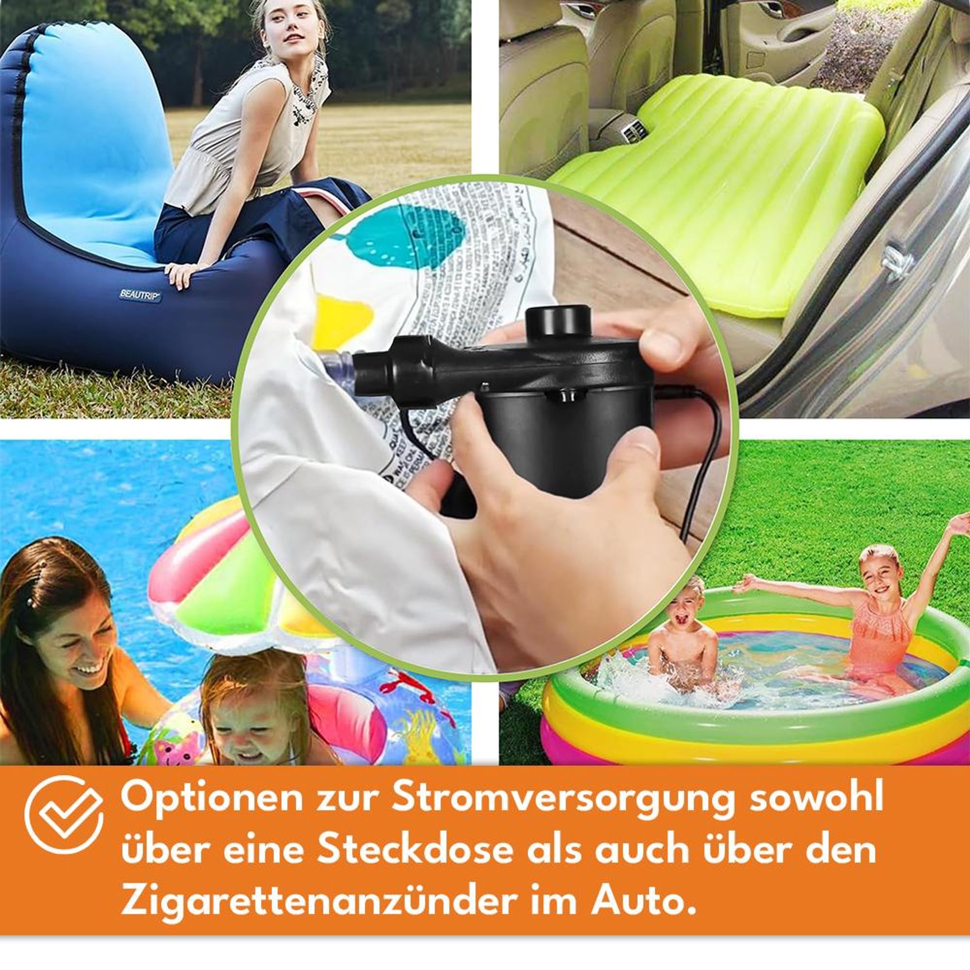 KRUMAD Elektrische Luftpumpe 12V/230V, 50W, mit Aufblas- & Entlüftungsfunktion, 3 Aufsätze, für Luftmatratzen, Pools, Boote und Spielzeug