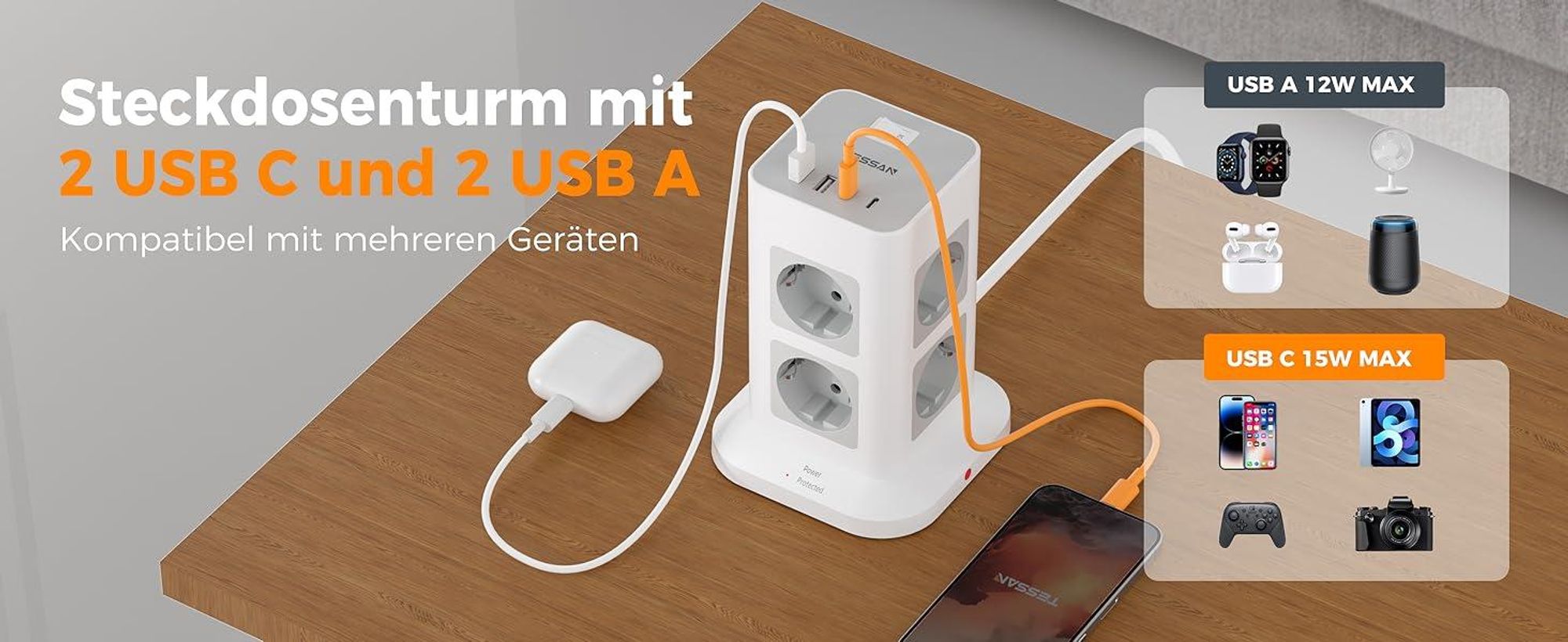 TESSAN 8 Fach Mehrfachsteckdose mit 2 USB C Verlängerungskabel 2M Steckdosenturm mit Schalter Grau 3600W