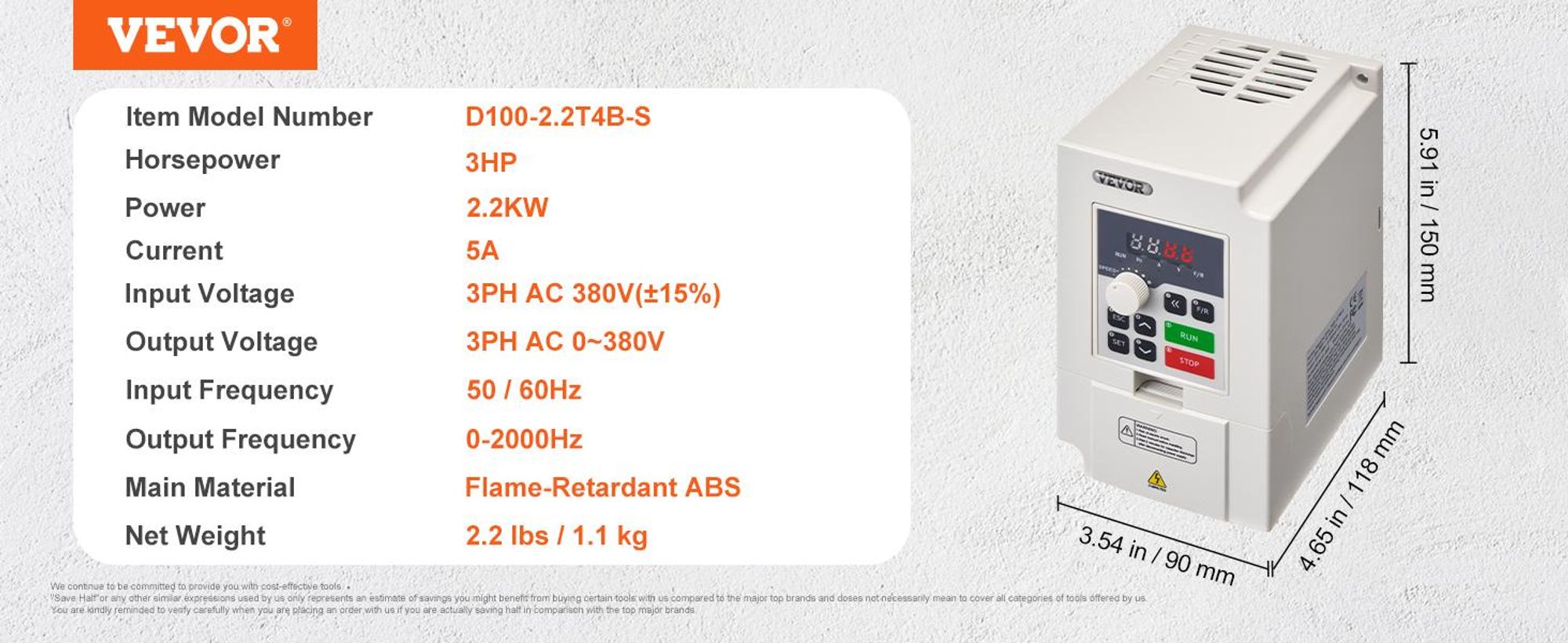 VEVOR VFD 10HP, 7,5KW, 35A, 1 oder 3 Phasen 220V Eingang zu 3 Phasen 220V Ausgang Frequenzumrichter, 40-60Hz Eingang, 0-400Hz Ausgang VFD für Spindelmotor CNC Geschwindigkeitsregelung, 2,2 kW, 380 V