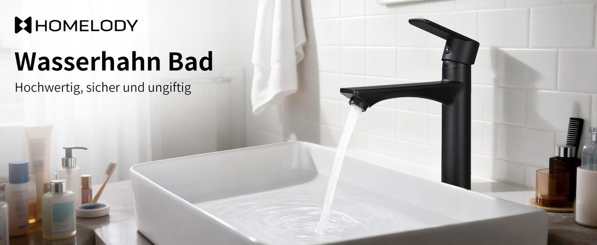 Homelody Wasserhahn bad, hoch Waschbeckenarmatur Badarmatur 30cm, Armatur Bad Waschtischarmatur Einhandmischer für Aufsatzwaschbecken, Schwarz