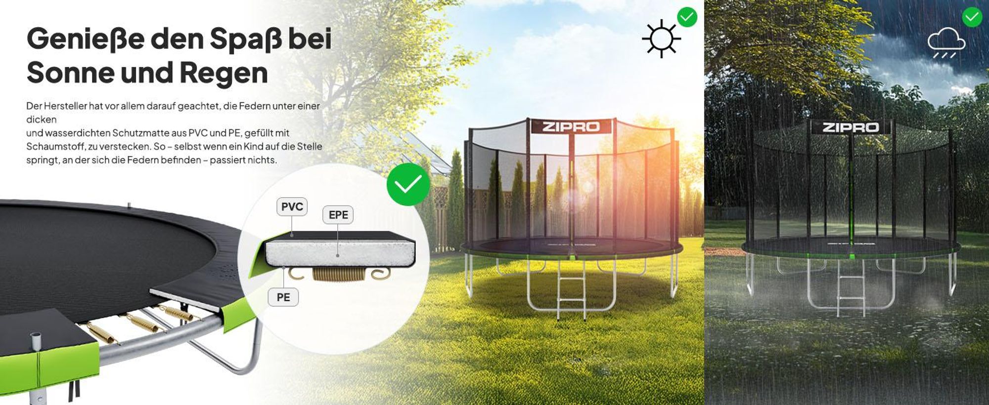 ZIPRO JumpPro OUT Outdoor Trampoline, Tuintrampoline voor Kinderen, met Buitennet, Weerbestendig, UV-bescherming, Eenvoudige Montage, Draagvermogen 100-150 kg, 183/252/312/374/435/496 cm
