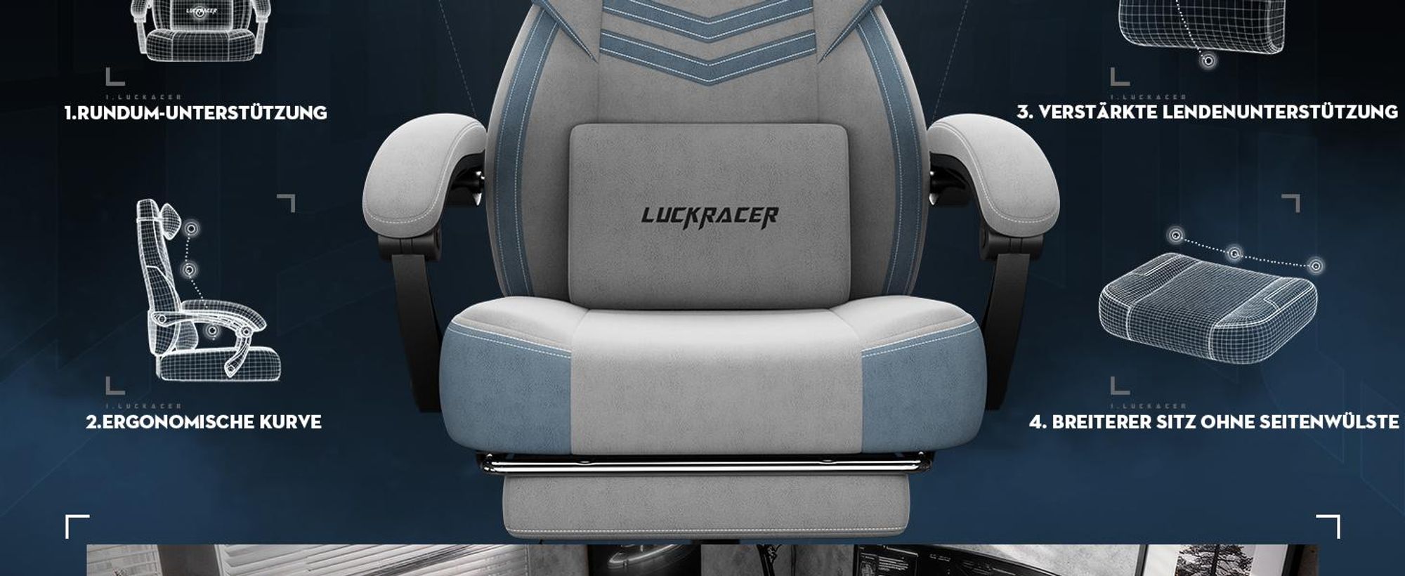LUCKRACER Gaming Stuhl, Bürostuhl mit verbundenen Armlehnen, Memory-Schaum-Kissen, 90–155° Neigungswinkel und Fußstütze, strapazierfähigem Funktionsg