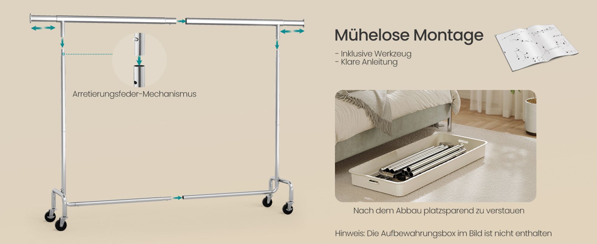 SONGMICS Kleiderständer auf Rollen, Garderobenständer, hochbelastbar, ausziehbare Kleiderstange, bis 110 kg belastbar, 45 x (160-200) x 162,9 cm