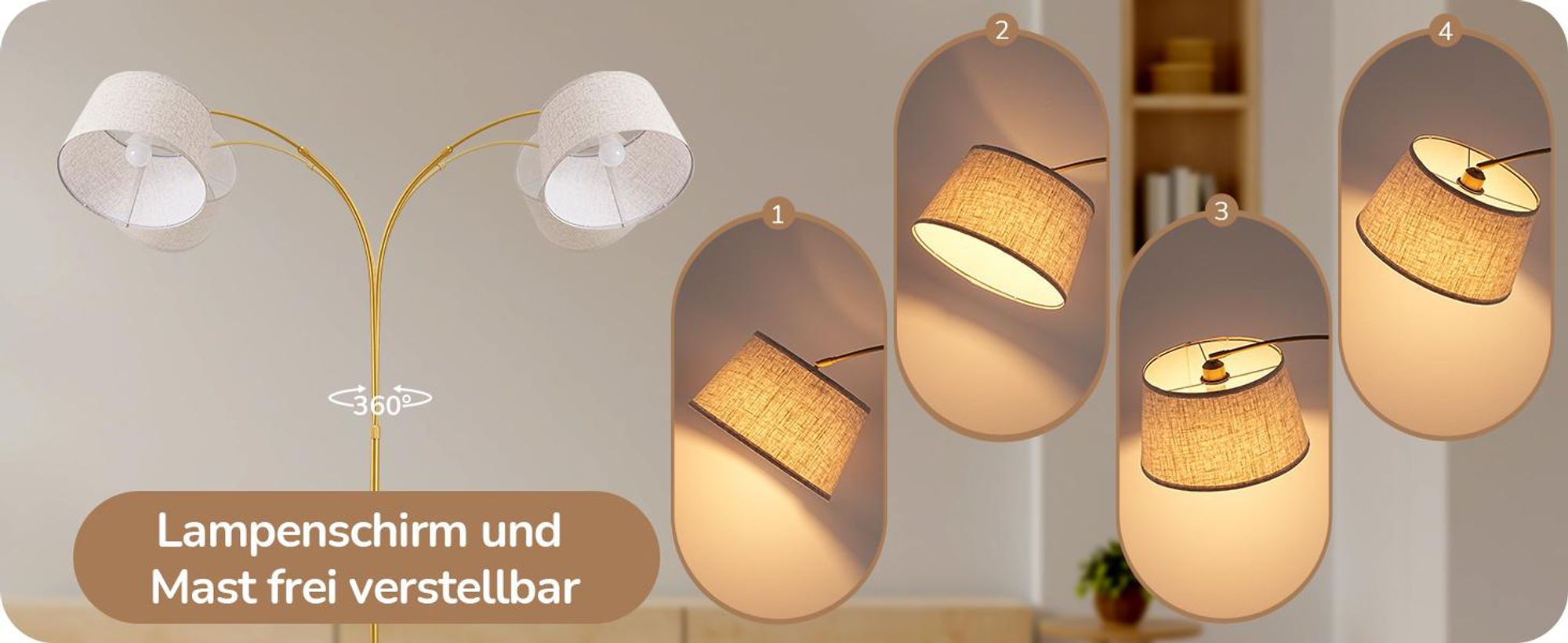 EDISHINE Stehlampe Wohnzimmer mit Fernbedienung, 143-176 cm verstellbar, Bogenlampe mit drehbarem Lampenkopf, stufenlos dimmbar