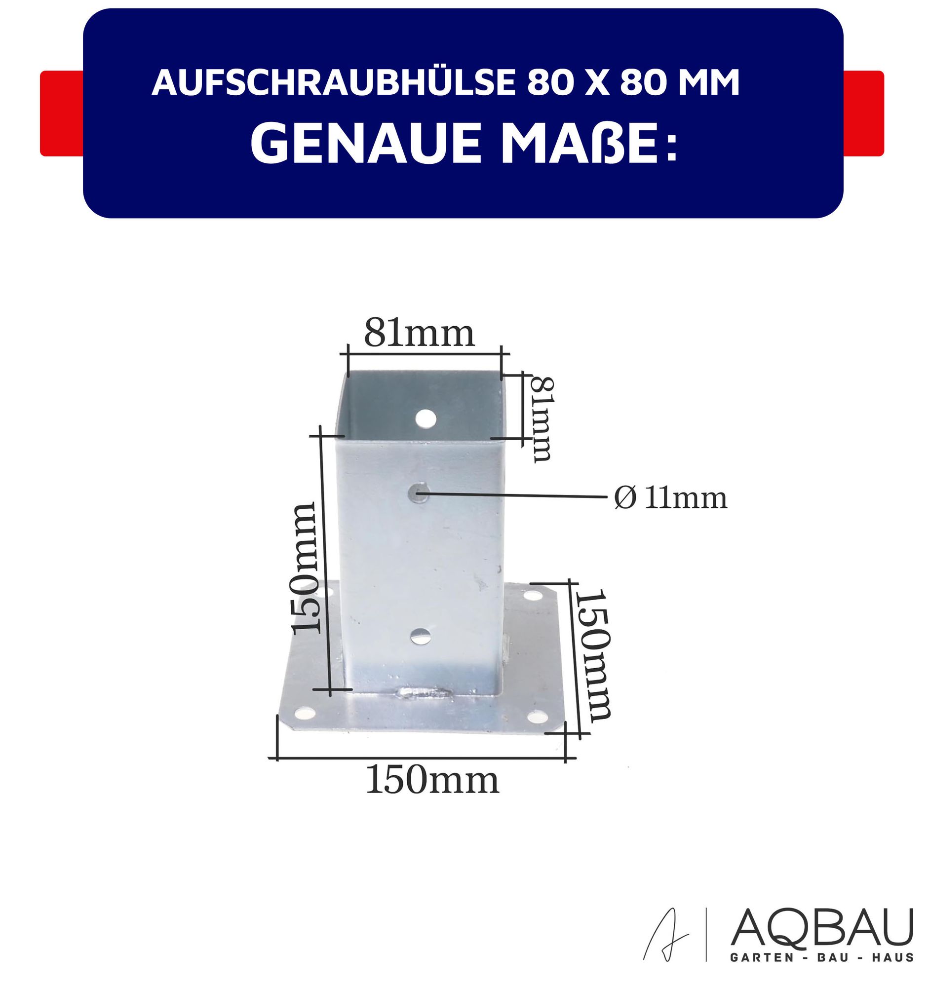 Aqbau® Aufschraubhülse 80x80 mm Pfostenträger aufschrauben, Vierkantpfosten, Holzpfosten, Pfostenschuh, Bodenhülse mit Dübelplatte, Pfostenhalter