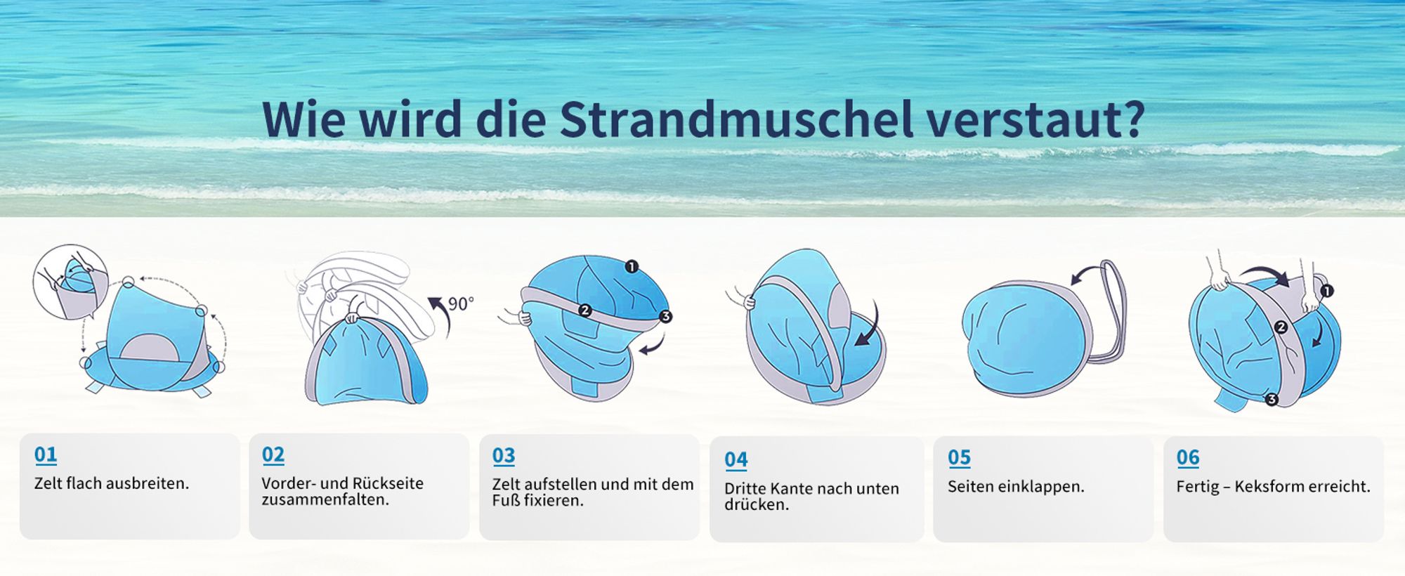 Duhome Strandmuschel Pop Up Strandzelt Wetter- und Sichtschutz Wurfzelt Tragbar UV40+ Pavillon 3 Personen für Camping Picknick, Dunkelblau