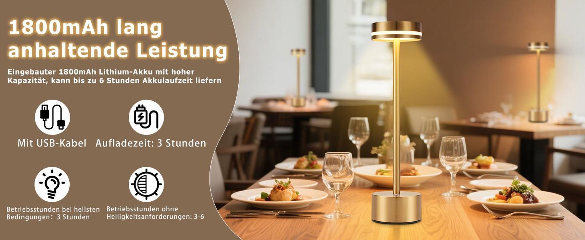 ZMH LED Tischleuchte 2ER Tischlampe Akku Kabellos Nachttischlampe Dimmbare mit USB-C Aufladbar Batterie Touch Lampe Gold Tischlampen für Schlafzimmer Esszimmer Büro