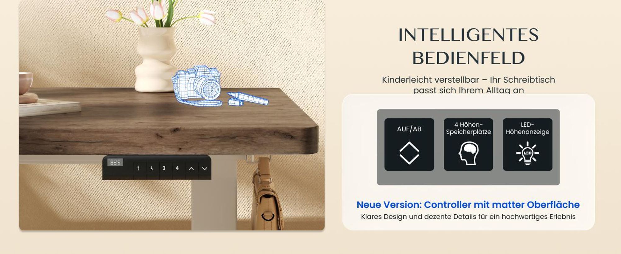 FLEXISPOT E1 Pro Elektrisch Höhenverstellbarer Schreibtisch EU, 160x80cm 25MM EINTEILIGE TISCHPLATTE Doppelmotor 120KG Tragkraft Kaffee-Eiche Optik