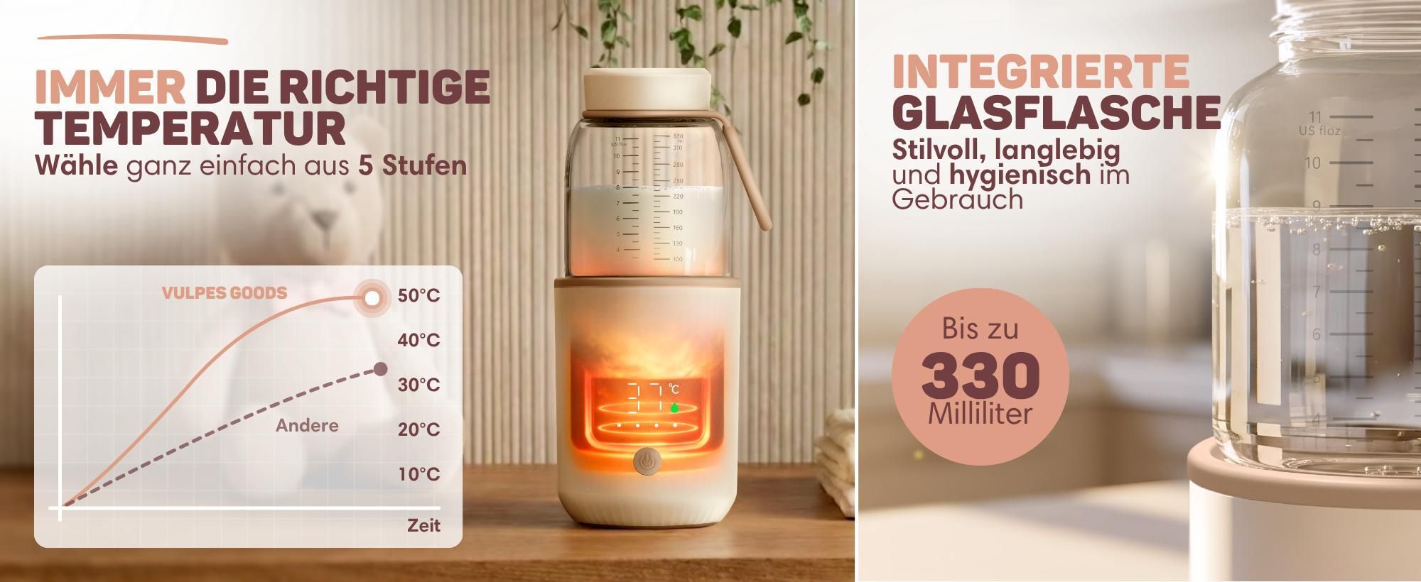 Babyflaschenwärmer mit 5 Temperaturen und integrierter Glasflasche bis 330 ml