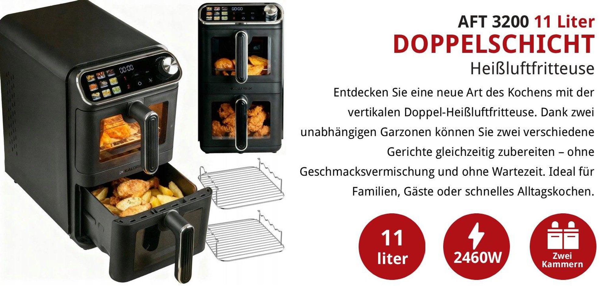 Kalorik Fettfreie Fritteuse Vertikale 2460W 11L XXL Heißluftfritteuse Turm + 2 Frittierroste, air fryer