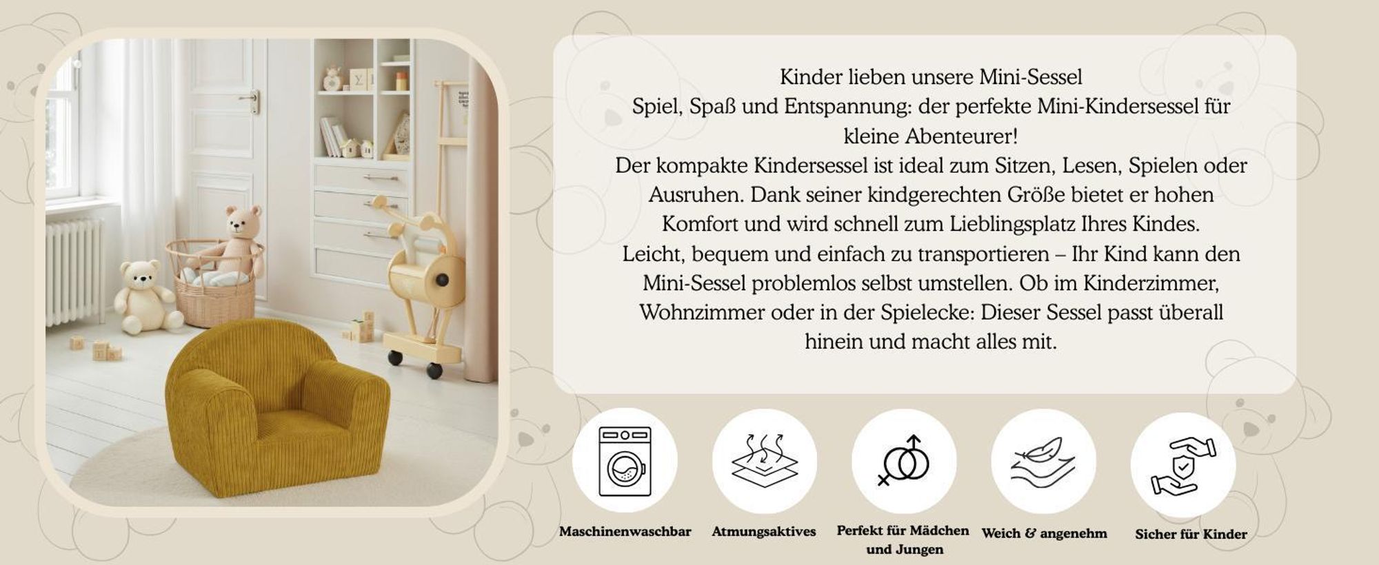 Mini-Kindersessel - Kindersessel aus Cord in Braun abnehmbarer waschbarer Bezug für Kinder - Cordsessel