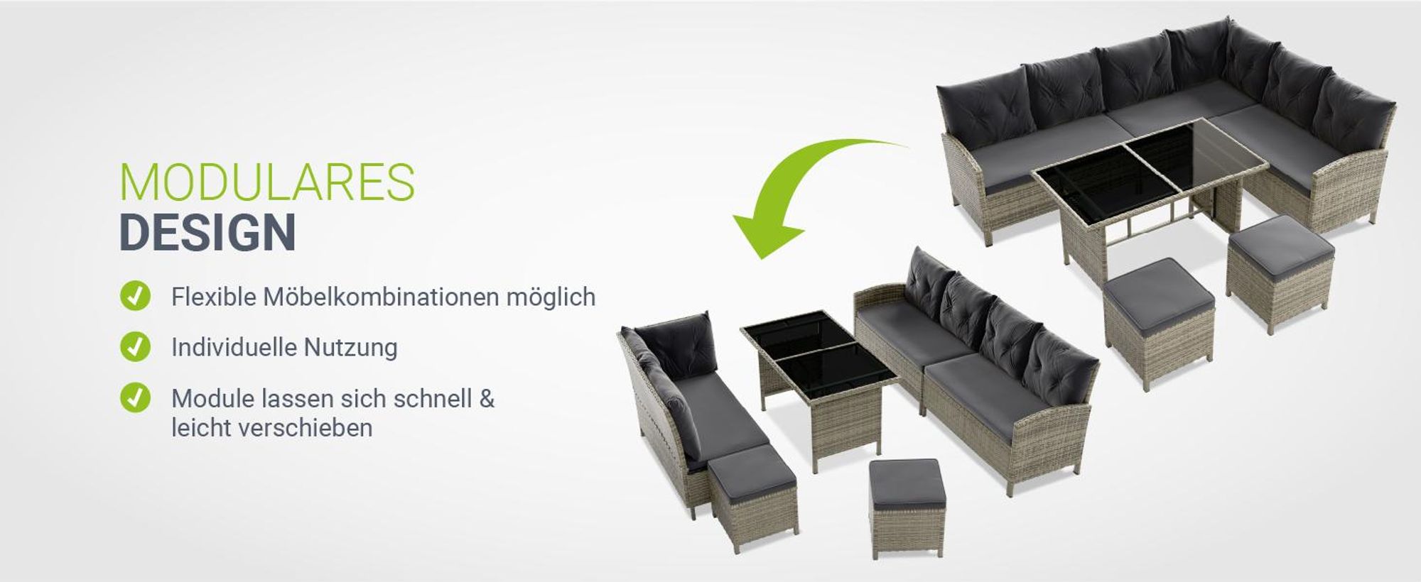 Juskys Polyrattan Lounge Manacor - Sofa, Tisch, Hocker & Kissen - Grau-meliert & Grau