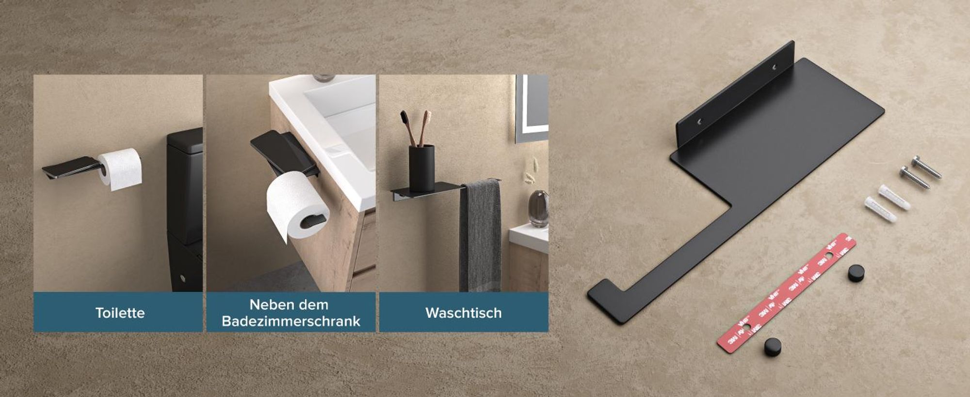 doporro Toilettenpapierhalter Kleben mit Ablage, Klopapierhalter ohne Bohren & mit Bohren, Klorollenhalter für Badezimmer Matt Schwarz Lino-01
