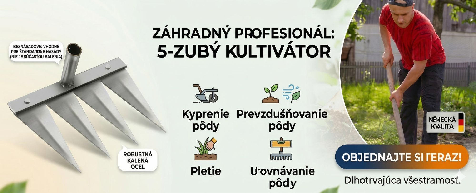 Záhradnícke hrable na odstraňovanie buriny – kovový nadstavec na rukoväť (5 oceľových zubov) - PRONGSPRO