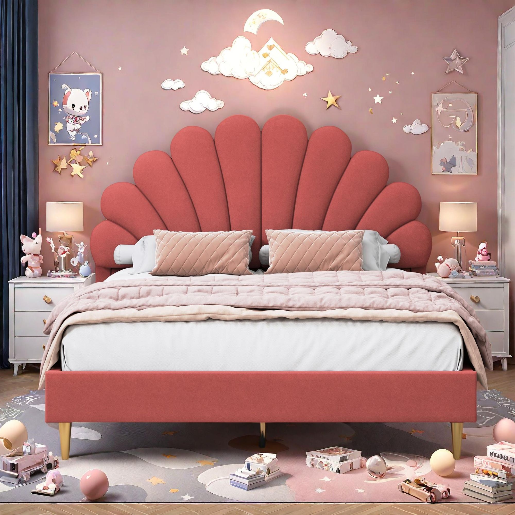 Fortuna-Lai Polsterbett Doppelbett 140x200cm - mit Geblümtem Kopfteil, Lattenrost, Samt, Skandinavischer Stil - Rot