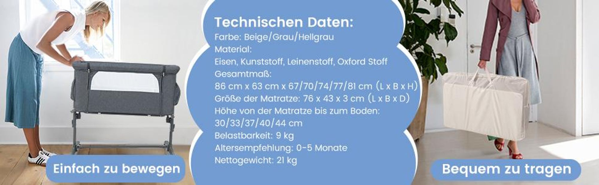 COSTWAY 3 in 1 Beistellbett & Babywiege & Reisebett, 5-stufig Höhenverstellbares Babybett, 10° Neigung, Kinderbett inkl. Matratze, Tragetasche, Stubenwagen für Babys bis 9kg belastbar (Hellgrau)