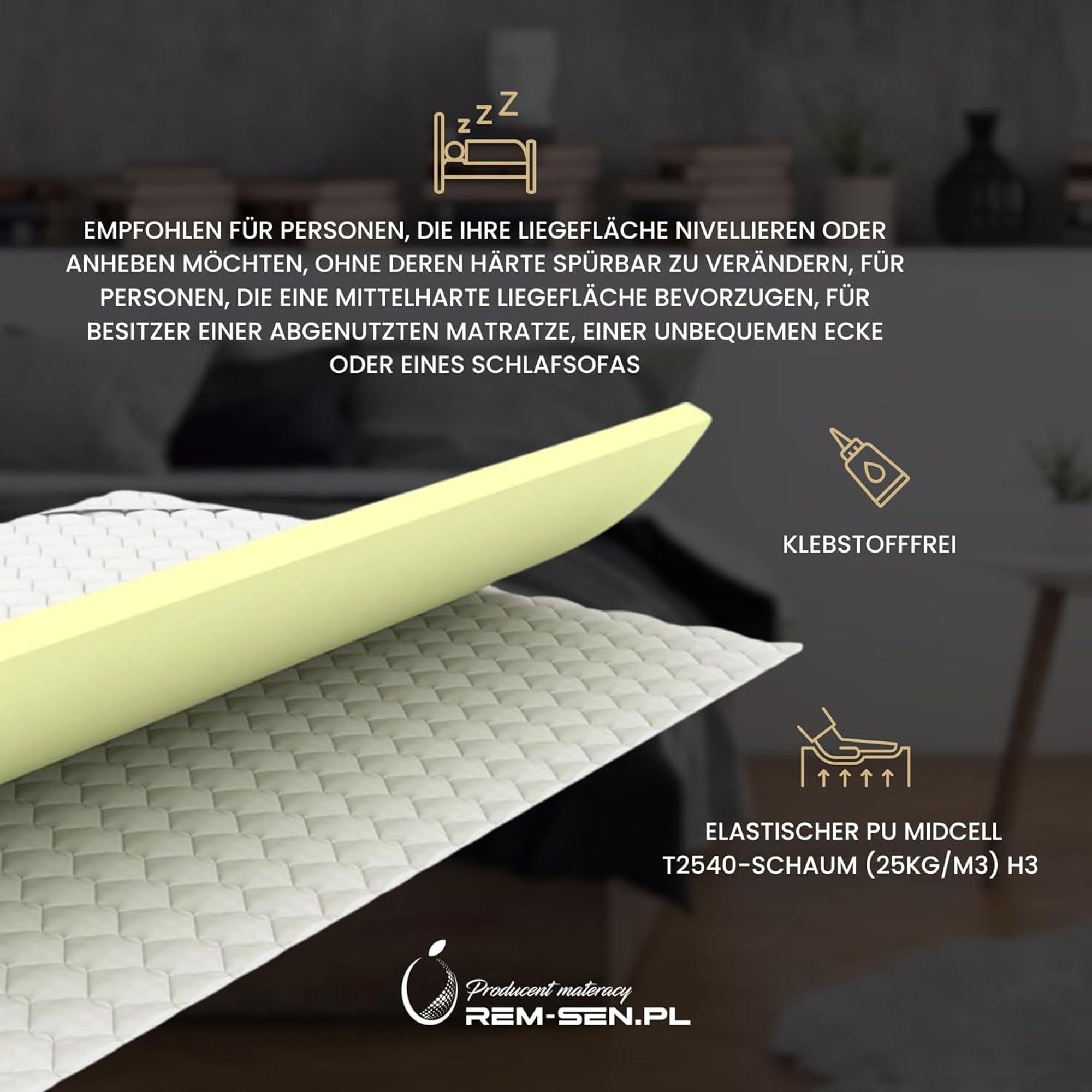REM-SEN Matratzen Topper Matratzentopper 110x190 cm Höhe 5cm Härtegrad 3 (H3) Mattress Topper aus mittelfeste Polyurethanschaum, Dreilagige Membranhülle Für Sofa oder jeden Platz,