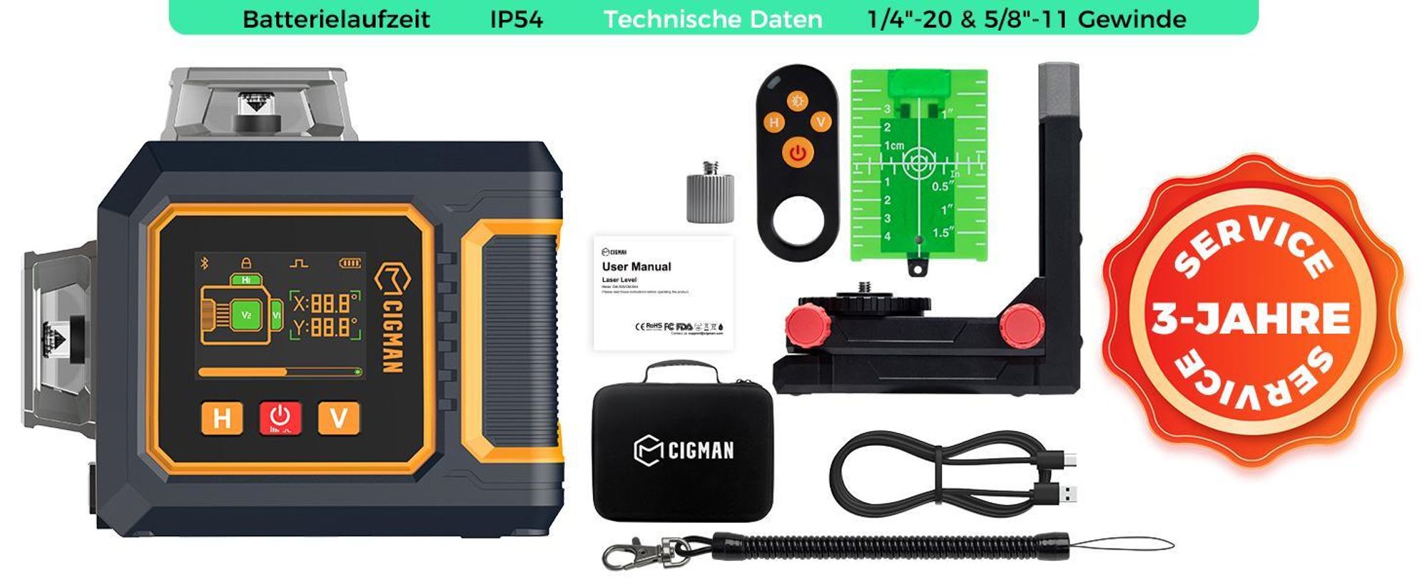 CIGMAN CM-S03 Kreuzlinienlaser 3x360° Grün mit App & LCD-Display