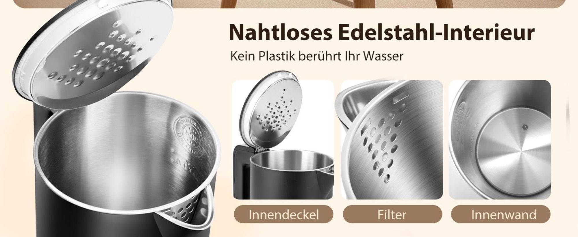 Aigostar Smart Glas-Wasserkocher 1,7L: WLAN & Alexa, 40°C-100°C Temperaturwahl, Innen 100% Edelstahl (Plastikfrei), Strix-Kontrolle, Schwarz