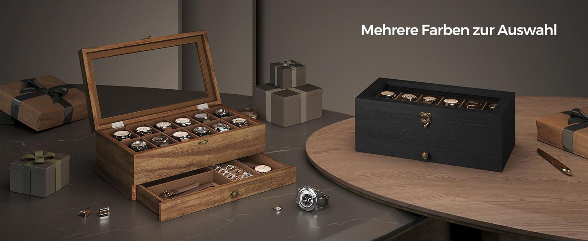 SONGMICS Uhrenbox mit 12 Fächern, Uhrenkasten aus Massivholz, mit Glasdeckel