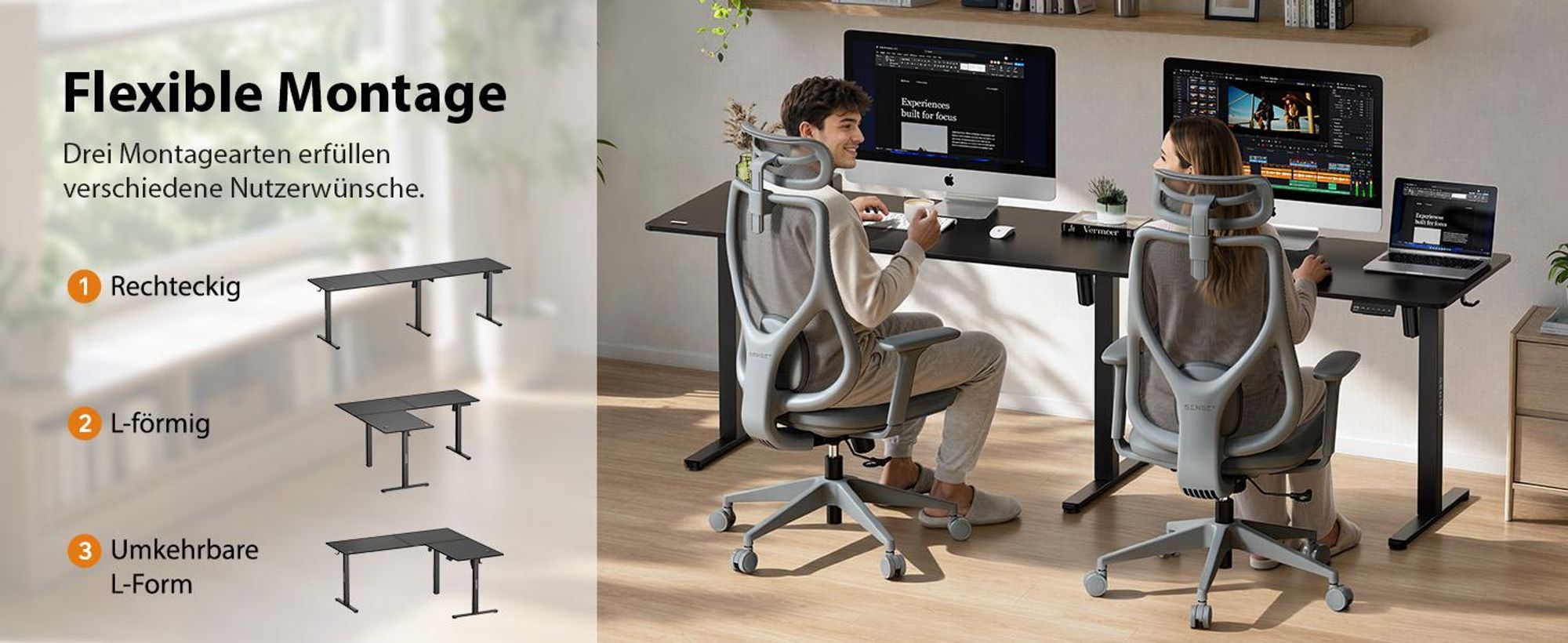 SENSE7 NOJO Light Corner Eckschreibtisch Elektrisch Höhenverstellbar 160x140 L-Form Stehschreibtisch Doppelmotor Memory Tischgestell Schwarz