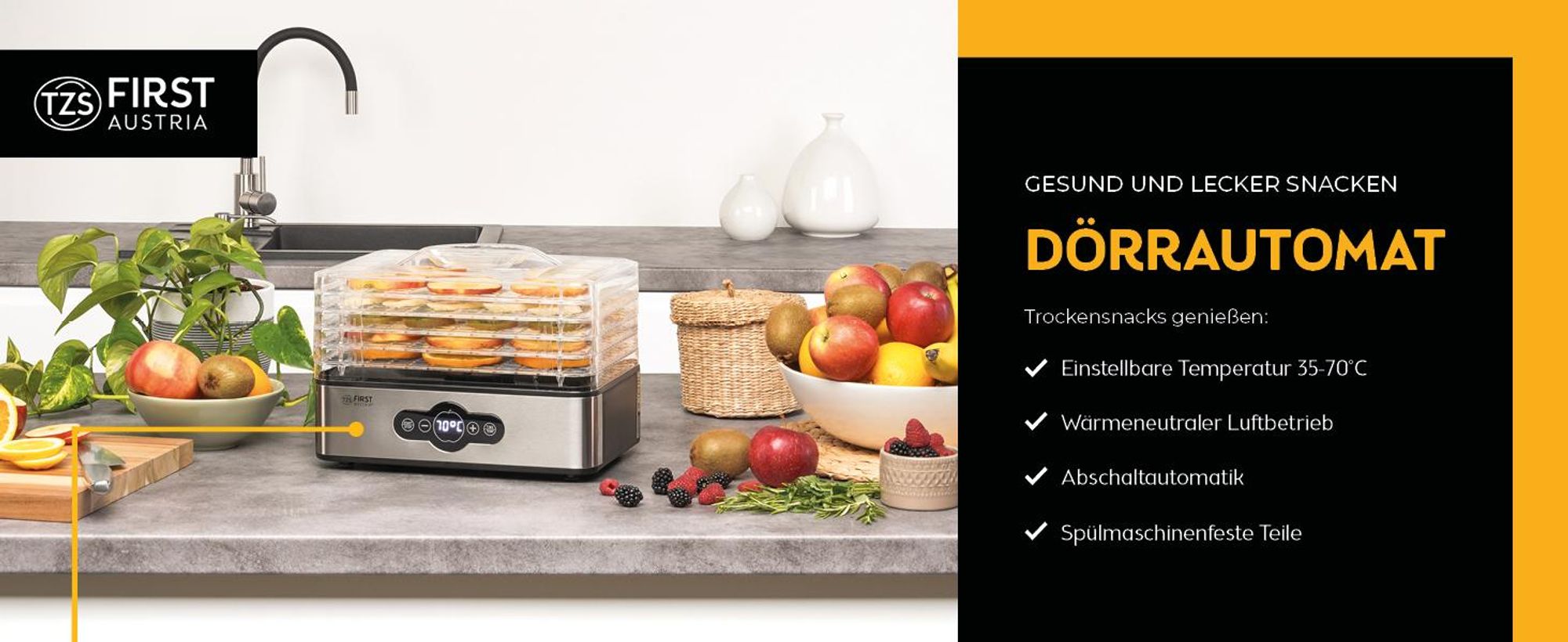 TZS First Austria Dörrgerät 240W, Dörrautomat mit Temperaturregler, Dampfgarer für Obst, Gemüse, Fleisch, Pilze