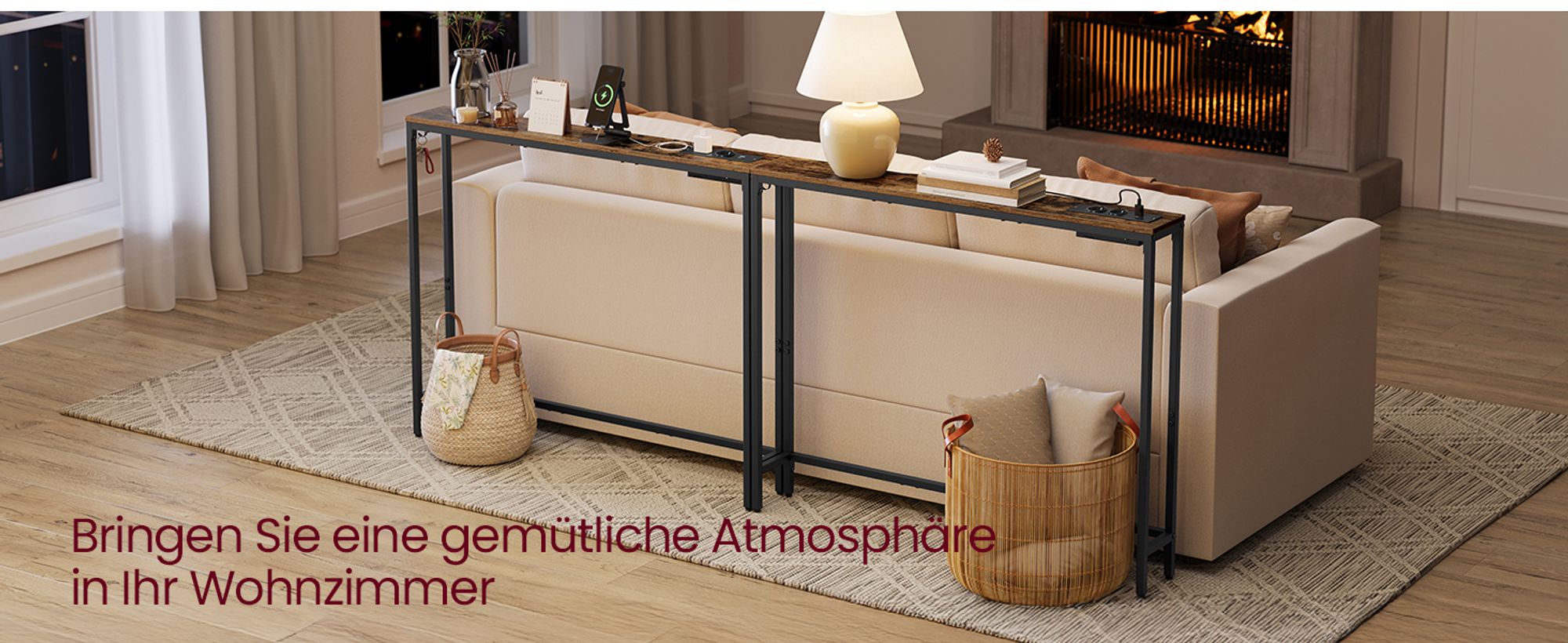 VASAGLE Sofatisch, Flurtisch, schmales Design, 15 x 100 x 80 cm, mit Ladestation