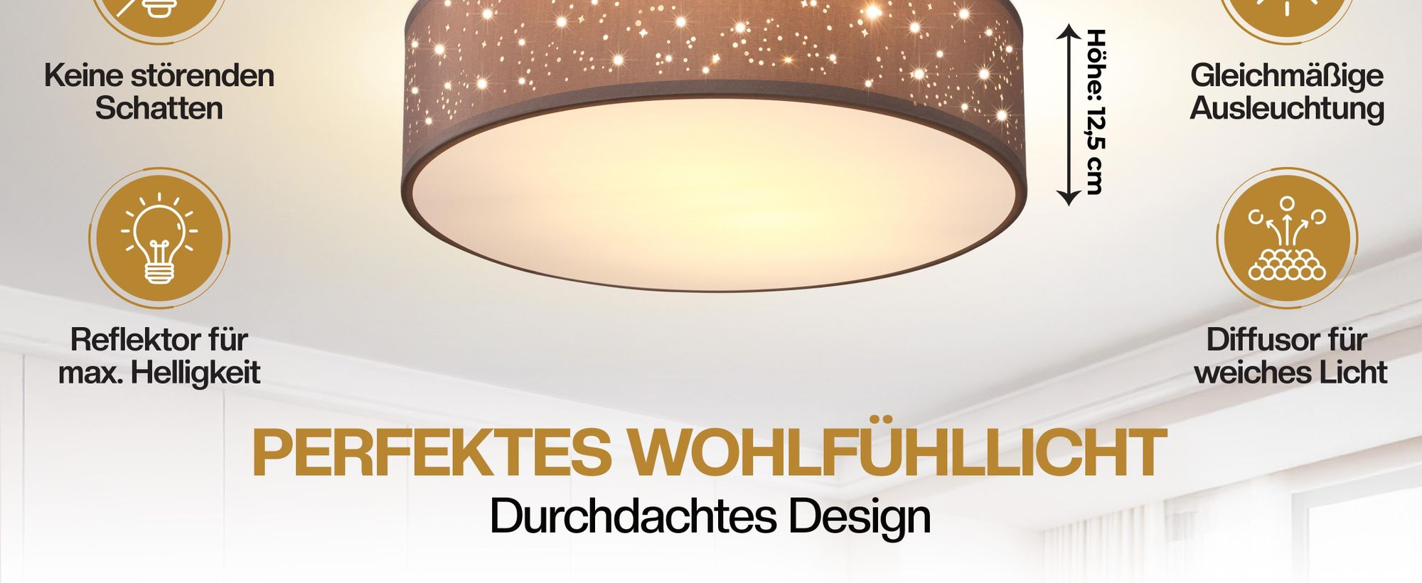 MONZANA® Deckenlampe Sternenhimmel Wohnzimmer Schlafzimmer E27 Taupe Rund 30cm Stoffschirm 1-Flammig 40W Küche Lampe Deckenleuchte Stoffdeckenlampe