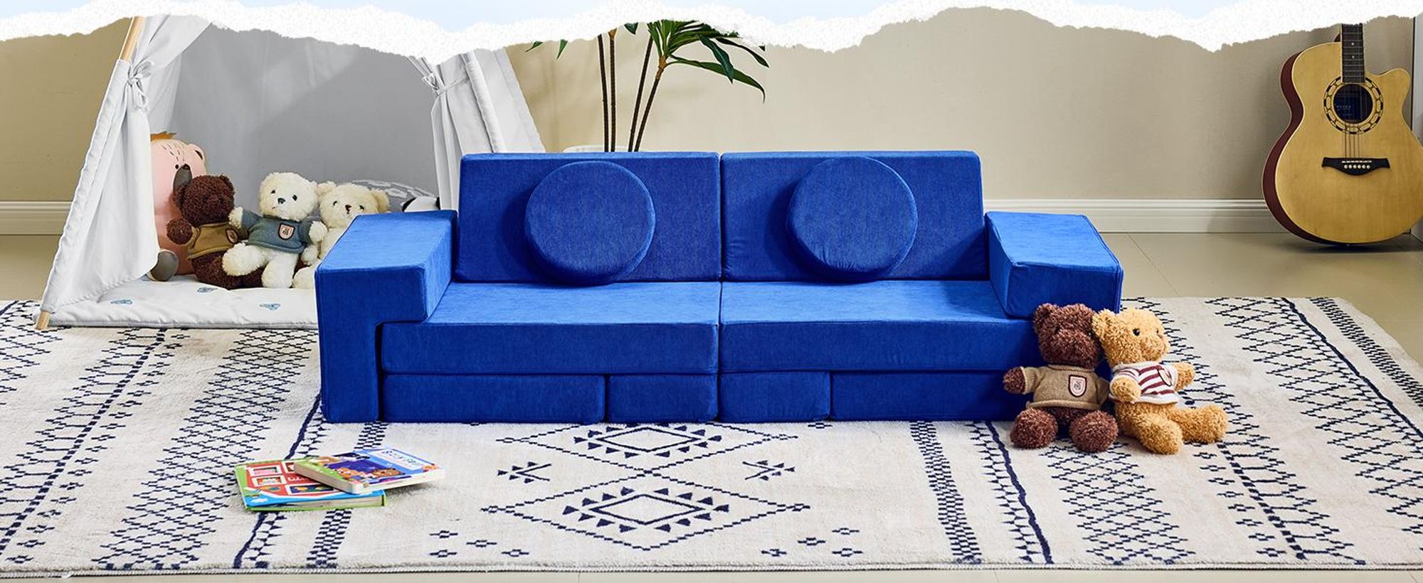 FCH Kindersofa, Multifunktionaler Spieltisch, Puzzle Sofa, 12 in 1, Spielsofa, Kindersessel, für Kinder Spielzimmer, frei baubares, DIY, Kordsamt,Blau