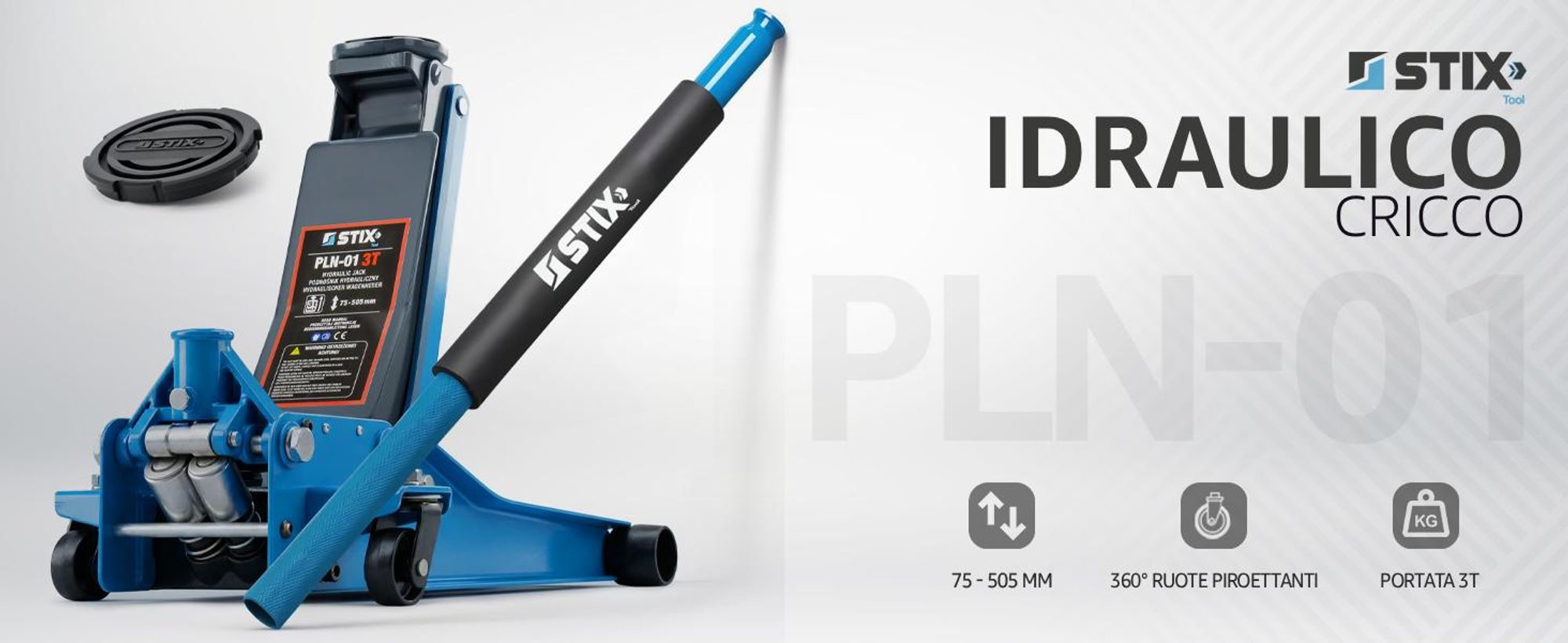 Sollevatore idraulico per autovetture PLN-01, capacità 3T, altezza di sollevamento 75–505mm, modello a doppio pistone