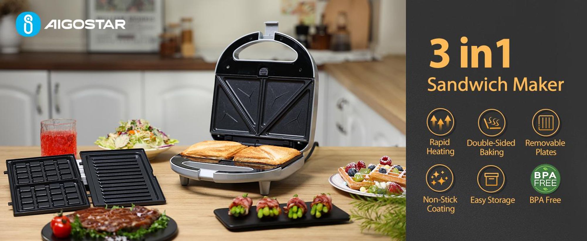 Aigostar 3-in-1-Kombi-Waffeleisen 750 W Sandwichmaker, 3 Austauschbare Platten, Beidseitiges Grillen, Antihaftbeschichtet, Automatisches Thermostat