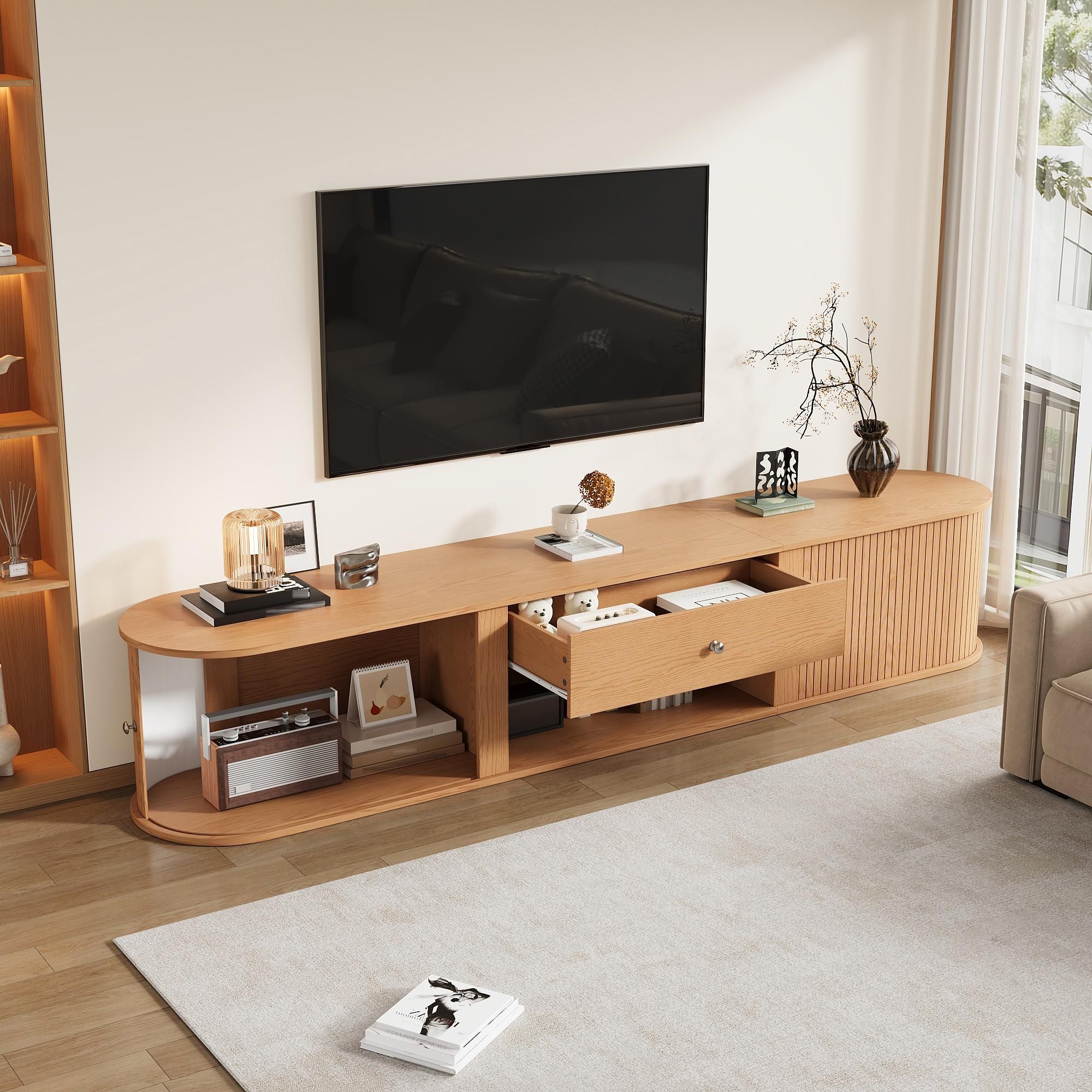 Merax TV Lowboard Fernsehtisch mit 2 Rolltüren und 1 Schublade, 180cm TV-Schrank mit Runddesign, TV Board für 75 Zoll Fernseher, Natur Optik