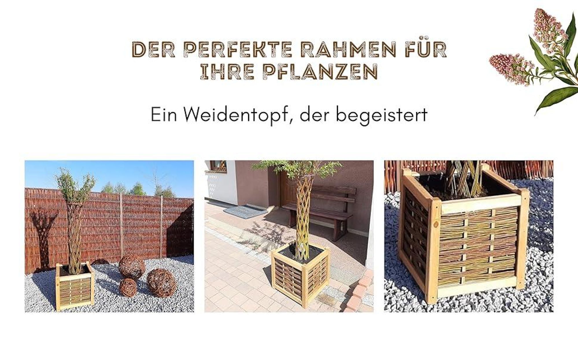 Blumentopf Rechteckig aus Weide und Holz - Pflanzgefäß für Garten 49 cm Blumentopf 65 Liter Blumenkasten
