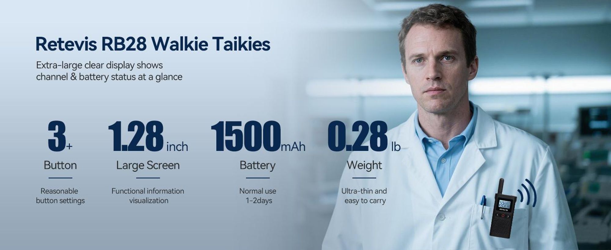 Retevis RB628 vysílačka mini, 1500 mAh PMR446 licencovaná 16kanálová dvoucestná vysílačka dobíjecí, VOX, LCD displej, Přenosná vysílačka pro venkovní dobrodružné kempování(2 balení, černá)