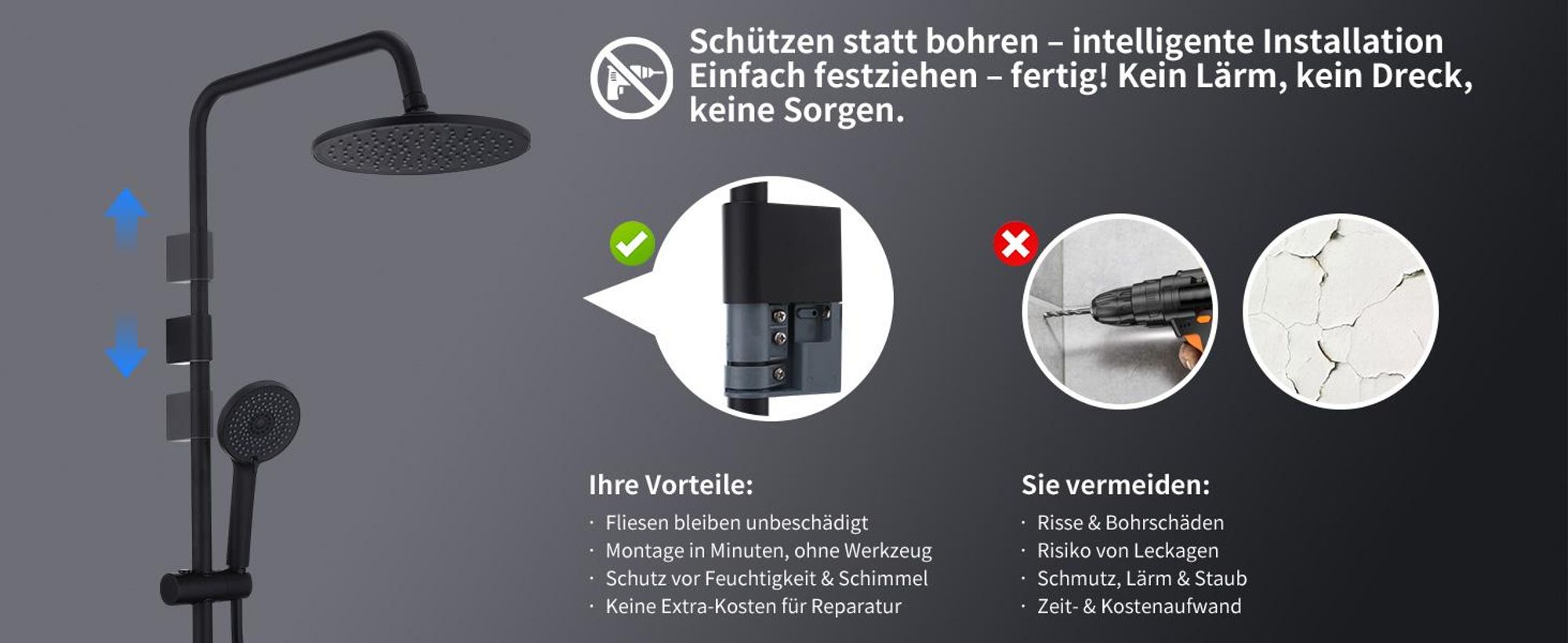 Homelody Duschsystem,Regendusche Duschset mit Armatur,Überkopfbrause Handbrause Duschsäule mit Umsteller,Edelstahl,Vier Wassersprühfunktionen Schwarz