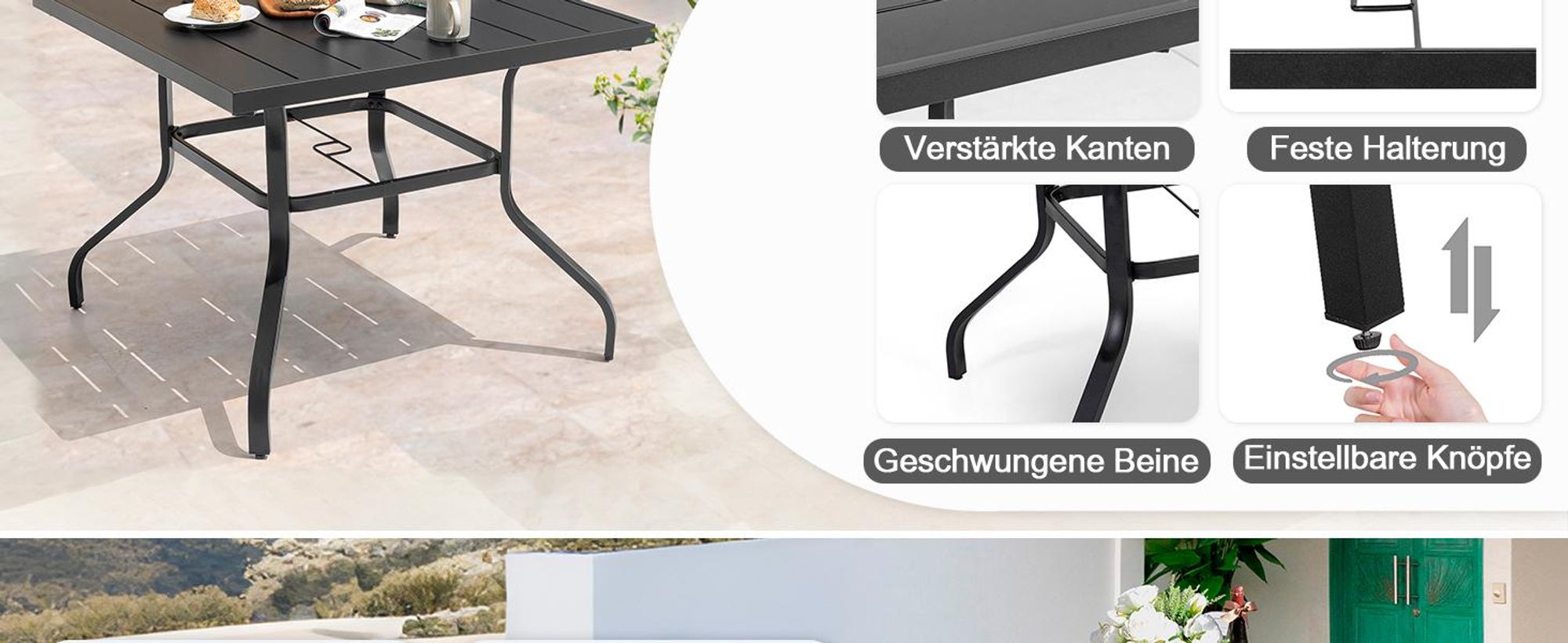 Avestar Garten-Esstisch 94x94x73 cm aus Eisen mit Schirmloch, Lamellentischplatte, Schwarz