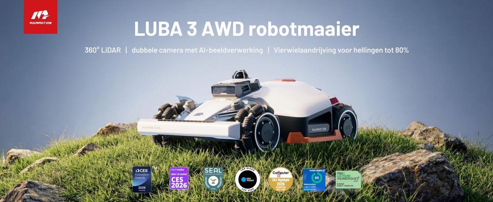 Robotmaaier Mammotion LUBA 3 AWD 1500 met wasstandaard, zonder kabel, voor 1500 m², vierwielaandrijving, hellingen tot 80%, auto-kaartgeneratie, APP
