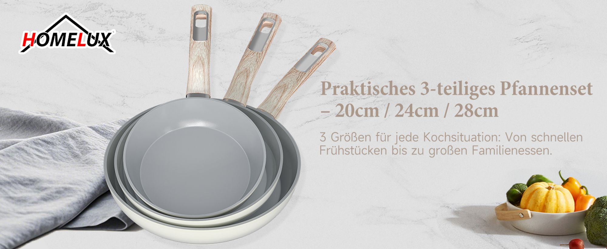 Pfannenset Pfanne Ø20/24/28cm,3TLG Bratpfanne beschichtete Pfanne Induktion für alle Herdart