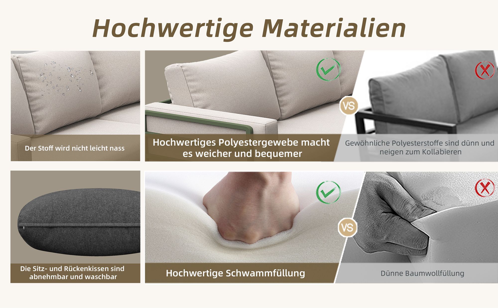 MERAX Gartenlounge-Set Sitzgruppe für 4-5 Personen, 4-tlg, Gartenmöbel mit Couchtisch, gehärtetes Glas und verzinkter Eisenrahmen, Beige