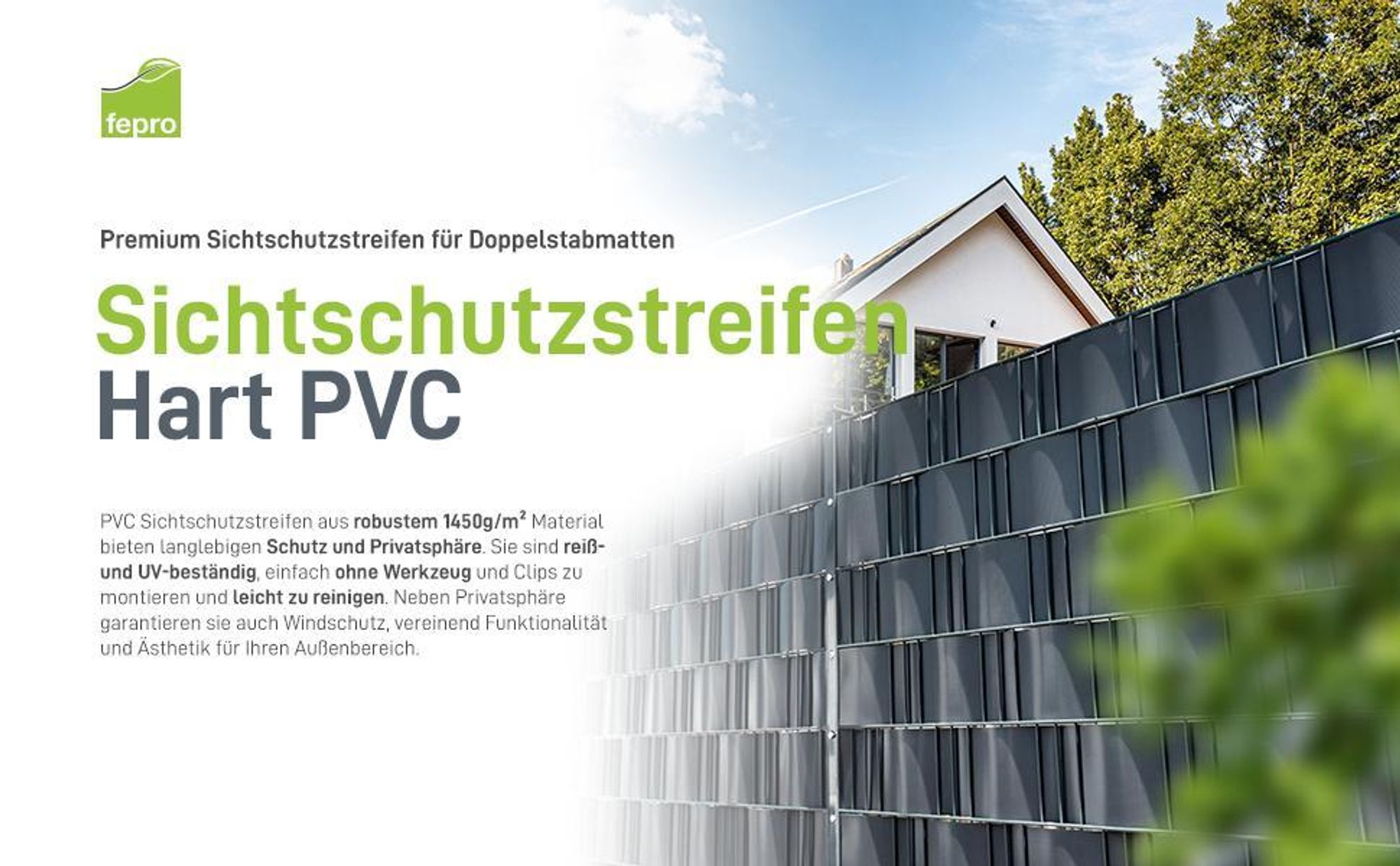 Fepro® Hart-PVC Sichtschutzstreifen Anthrazit RAL7016 10x 2,525m Doppelstabmatten Zaunfolie Windschutz blickdicht Sichtschutz Zaunverkleidung Blickschutz