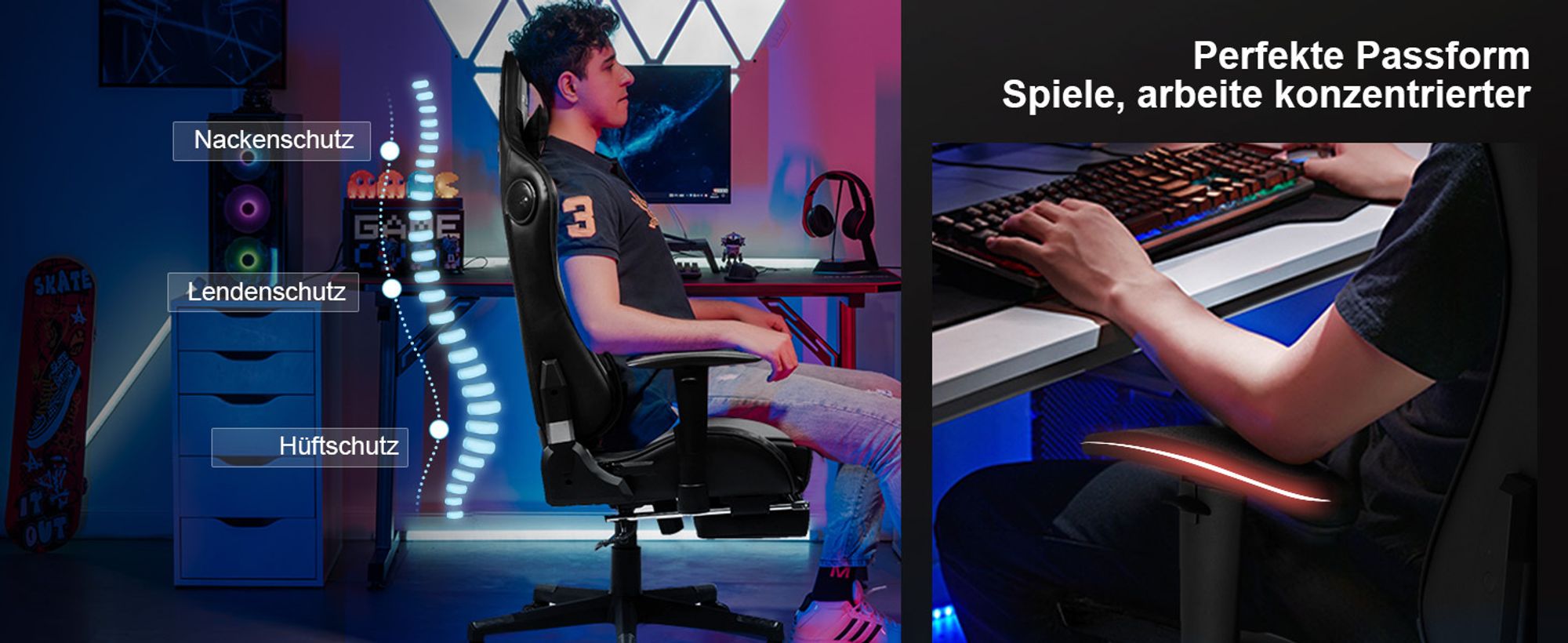 GTPLAYER Gaming Stuhl Mit Fußstützen Bluetooth Lautsprecher Musik Stuhl Ergonomischer Computerstuhl Schreibtischstuhl Gamer Stuhl schwarz